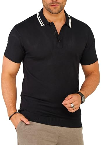 Soulstar Herren Strick Poloshirt Kurzarm T-Shirt Polo-Hemd Knit Oberteil mit Knopfleiste Strick-Polo Golf-Polo Tennis-Polo mit Kontrast-Stripes S2_KP-101-Black-L