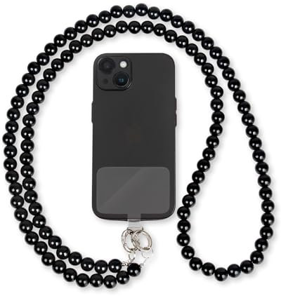 GD GOOD.designs EST. 2015 Chaîne pour téléphone avec Perles Noires - Bandoulière Universelle incluant Un Patch pour Toute Coque de téléphone | Cordon à Suspendre pour téléphone (Longueur 130 cm)