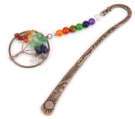 FKWKUW Lesezeichen Aus Metall, Baum des Lebens, Lesezeichen 7 Chakra Kristalle Heilstein Vintage Lesezeichen Antik Kupfer Metall Lesezeichen Perlen Getrommelte Edelsteine Buchmarker (Regenbogen)
