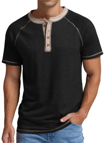 Sailwind Mens Henley Tshirt Cotton Classic Grandad T Shirt Summer Short Sleeve Running Mens Tops (Black, XXL)