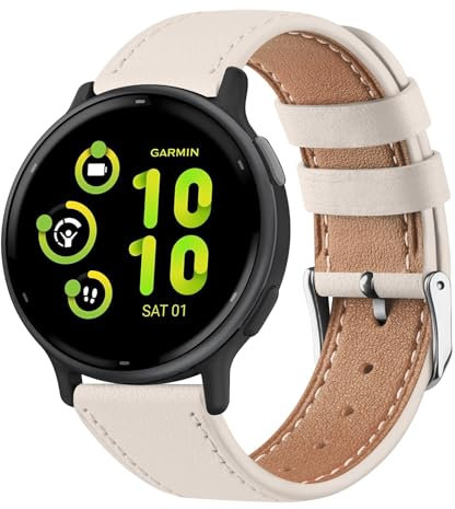 Leather Strap Compatible with Garmin Vivoactive 5/3, 20mm Soft Leather Replacement for Garmin Vivoactive 3 Music/Vivomove 3/Forerunner 245/645 Music (Starlight)