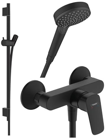 Pack mitigeur douche mécanique HANSGROHE Logis + Barre Unica S Puro + flexible + Pommeau Vernis Blend Vario noir mat