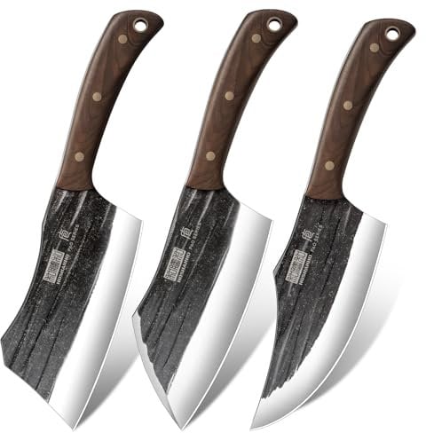 HOSHANHO Butcher Knife Set, 3-Piece High Carbon Steel Serbian Chef Knife Set of Heavy Duty Boning & Meat Cleaver & Viking Knife for Home, Cooking, Outdoor Camping BBQ