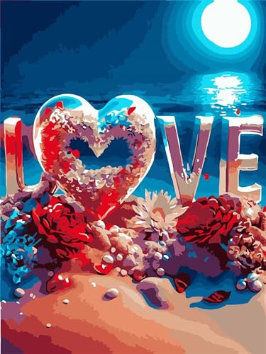 Yoonqun Malen Nach Zahlen Erwachsene,Strand Blumen Herz DIY ohne Rahmen Ölgemälde auf Leinwand Erwachsene Kinder Ölgemälde Kit mit Pinseln und Acrylfarbe für Home Décor 40x50cm