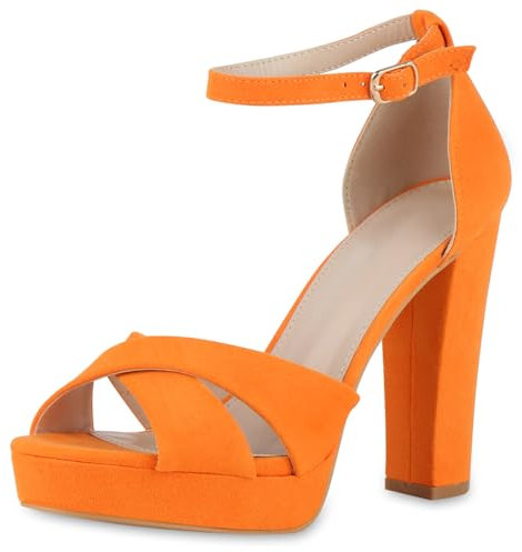 VAN HILL Damen High Heels Blockabsatz Plateau Vorne Party Schuhe 216144 Orange Velours 36