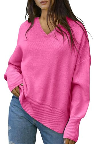 Fisoew Jersey de punto para mujer con cuello en V, manga larga, cuello de pico, jersey de punto acanalado, jersey de invierno de gran tamaño, rojo oscuro, S