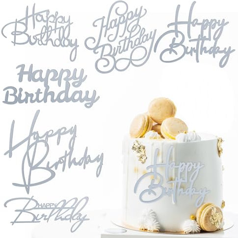 6 Pcs Silver Happy Birthday Cake Topper Side Mirror Acrylic Cake Topper Happy Birthday Cakes Sign Decorations Cakes Inserts Decor Supplies Silver Cupcake Toppers for Birthdays Party Decorations