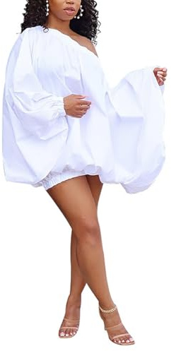 WOKANSE Bubble Skirt Dress for Women Sexy Off Shoulder Batwing Long Sleeve Loose Stretchy Neck Mini Balloon Dress White M