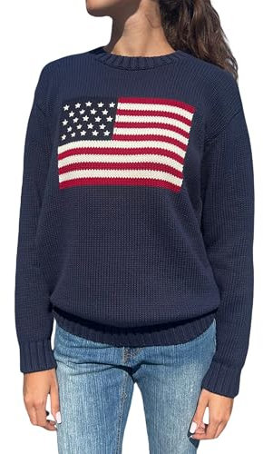 Damen Y2K Vintage Oversized Sweater Langarm Rundhalsausschnitt USA-Flagge Strickpullover Amerikanische Flagge Chunky Cable Preppy Strickwaren Top, Marineblau C, M