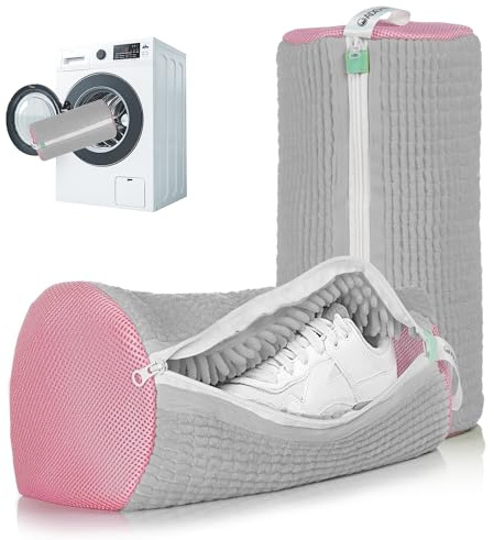 ADEHMDA Reusable Shoe Washing Machine Bag, Trainer Washing Machine Bag with Zipper, Laundry Shoe Bag for Washer&Dryer, Elongated Thicken Microfiber Fluff&Fits Multiple Shoe Types(2pcs, Grey-Pink)