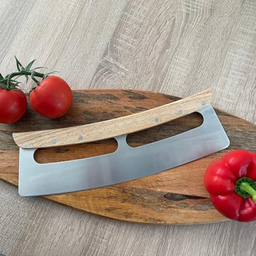 Profi Pizzaschneider, Pizzamesser 35 cm - Extra­scharfe Klinge, mit Holzgriff und Klingenschutz, Pizzacutter, Pizzaroller, Wiegemesser,