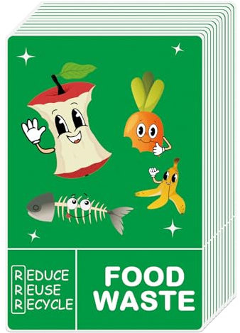 ASUNO Food Waste Recycling Stickers for Bins 150 × 100 mm Trash Vinyl Funny Waterproof Removable Labels Self Adhesive Decals for Home Kitchen Business Outdoor Indoor 12 Pack