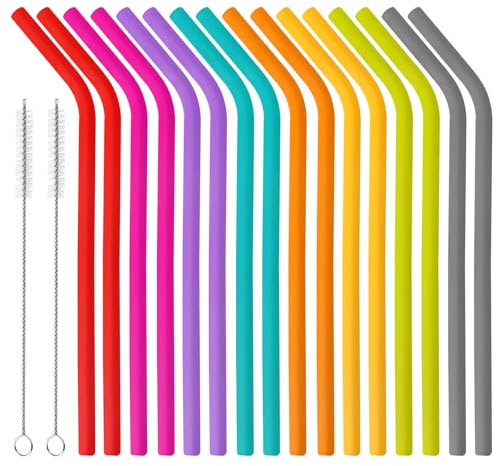Lot de 16 pailles réutilisables en silicone de qualité alimentaire, avec 2 brosses de nettoyage, sans BPA, flexibles, douces, adaptées aux enfants, pour smoothies, cocktails, jus, café