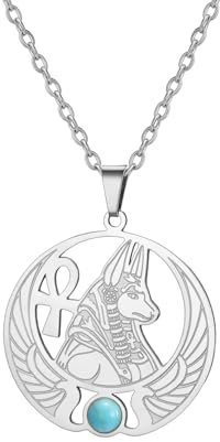 EUEAVAN Ägyptische Anubis-Halskette Ankh-Kreuz Göttin Isis Flügel-Skarabäus Wicca-Pagan-Edelstein-Anhänger Magische Kraft-Amulett Antikes Ägypten Gott Mythologie Schmuck Geschenk (silber)