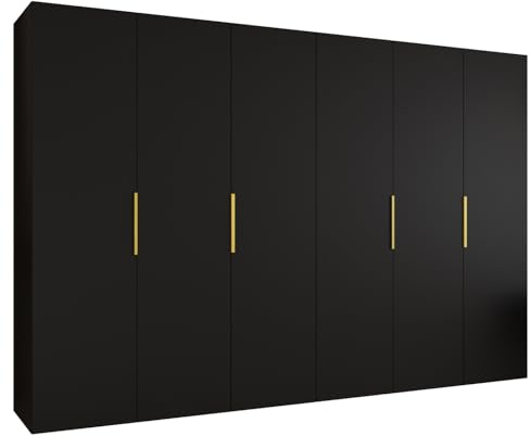 MEBLE KRYSPOL - Kleiderschrank - Drehtürenschrank - Schrank 300x202x52cm - Moderner Garderobenschrank Schlafzimmer, Flur, Jugendzimmer - Farbe Schwarz, Griff Gold - Marbella 1 300