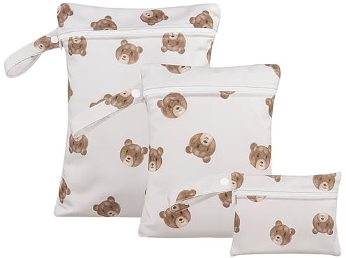 3 Pcs Bear Pattern Nappy Bags, Waterproof Wet Bag Organiser for Swimming, Travel Storage, Nappy Pouch for Baby Items, Gym Gear and Fitness Accessories
