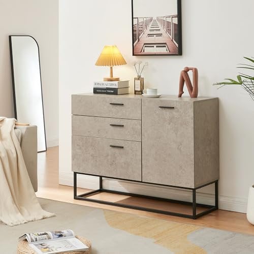 [en.casa] Sideboard Lavangen Wohnzimmerschrank mit 1 Tür und 3 Schubladen Kommode Buffetschrank mit Verstellbarer Ablage 75 x 100 x 35 cm Betonoptik, hell