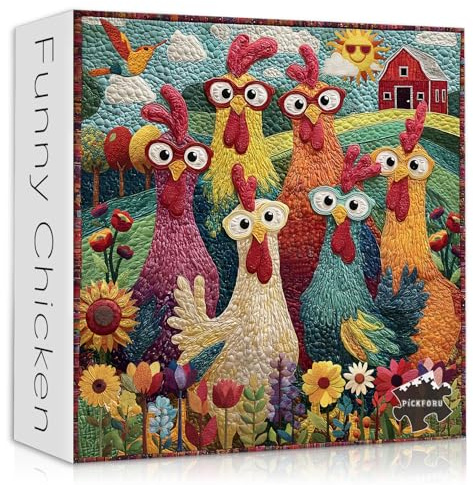 Chicken Puzzles for Adults 1000 Piece, PICKFORU Funny Chicken Jigsaw Puzzle, Garden Farm Flower Animal Rooster Themed, Patchwork Art Challenge Puzzle