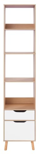 OUKANING Bücherregal mit Schublade und Unterschrank, 4 offene Fächer, Modernes Wohnzimmer-Regal, 180 cm Höhe, Tragkraft 40 kg, Stabiles Büro und Aufbewahrungsregal mit PVC-Furnier (Eiche Farbe)