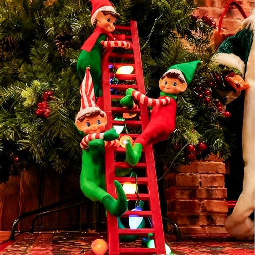 MOONET Decoraciones de elfo de Navidad en escalera roja con luces coloridas, decoración festiva de árbol de Navidad para el hogar, fiesta, exhibiciones de vacaciones