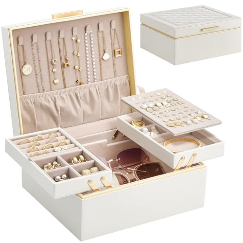 Lolalet Jewelry Box Organizer for Women Girls, 2 Layer Jewelry Organizers and Storage for Necklace Earrings Rings Bracelets, Large Jewellery Holder Case Birthday Mothers Day Gifts -Cream