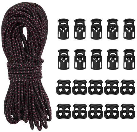 YELARXI Cord Locks, Elastic Bungee Cord, Spring Toggle Stopper Slider with Single-Hole & Double-Hole - Fitting for (Drawstring/Backpack/Shoelaces/Bags/Clothing) 50 ft & Black/Red