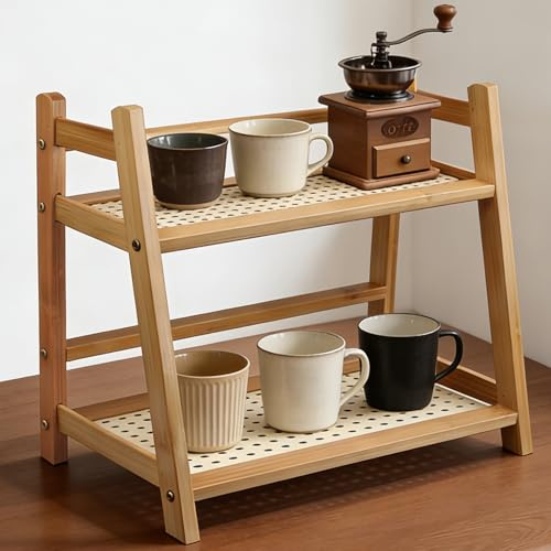 Nature Coin Cafe Etagere a Poser sur Meuble Epicier Cafetiere Petite Tour a Epices Étagère à Épices à 2 Niveaux Organisateur Herbes en Bois Bambou Support Rangement Bain Coiffeuse Cuisine Bureau Salon