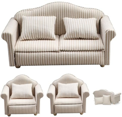 Grtheenumb Puppenhaus-Couch, 3-teiliges Set, Puppenhausmöbel im Maßstab 1:12, gestreifte Doppel- und Einzelcouch mit Kissen, Sessel, Sofa, Wohnzimmermöbel, Holzzubehör