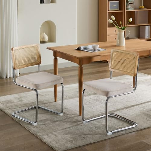 Bladez 4er Set Freischwinger Esszimmerstühle Samt & Rattan – Wiener Geflecht Küchenstühle, Polsterstuhl mit Chromgestell, Mid-Century Cantilever Stühle ，für Esszimmer Wohnzimmer (Beige)