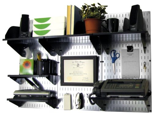 Wall Control Office Organizer Unit Wall Mounted Office Desk Storage and Organization Kit Metallic Slotted Wallboards and Black Accessories
