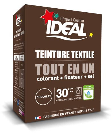 IDEAL - Kit Teinture Tout en Un Mini Chocolat - 230 g - Colorant + Fixateur + Sel Inclus - Teinture Textile Longue Tenue - Coton, Lin, Soie, Viscose - Efficace dès 30°C - Fabrication Française
