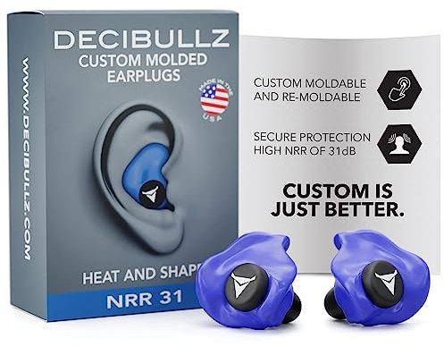 Decibullz - Custom Molded Earplugs, 31dB Highest NRR, Comfortable Hearing Protection for Shooting, Travel, Swimming, Work and Concerts (Blue)