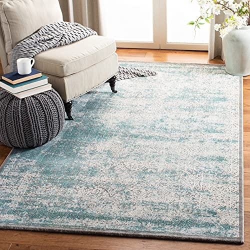 SAFAVIEH Distressed Teppich für Wohnzimmer, Esszimmer, Schlafzimmer - Passion Collection, Kurzer Flor, Türkis und Elfenbein, 155 X 231 cm