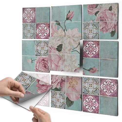 Fliesensticker Fliesenfolie - CREATISTO Dekoaufkleber Fliesen-Klebefolie I Fliesenaufkleber Folie Sticker für Fliesen in Küche u. Bad I 20x20 cm - Motiv Durch die Blume - 27 Stück