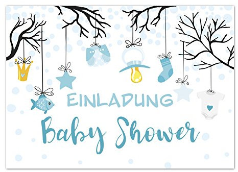 8 x Einladung Baby Shower Party/Einladungskarten mit Umschlag im Set/Motiv: Niedliche Illustrationen blau Junge/Babyparty Karte/Postkarte /