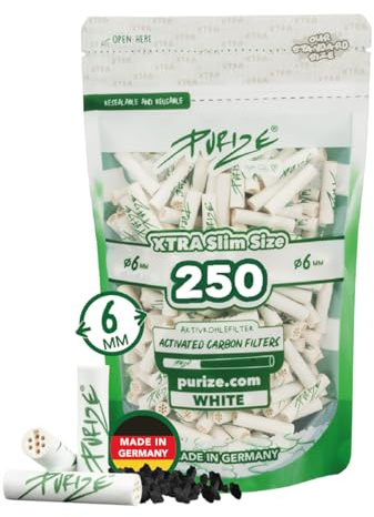 PURIZE® Xtra Slim Size Aktivkohlefilter ø 6 mm – 250er Pack - Weiß | Aktivkohle auf Kokosnuss-Basis, Keramikkappen beidseitig, kühles Raucherlebnis, wiederverschließbarer Beutel, Made in Germany