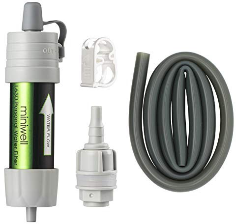 Miniwell Schwerkraft-Wasserfilter Strohhalm Ultraleicht Vielseitiger Wanderwasserfilter Optionales Zubehör. TÜV-geprüftes Notfallset für Hurrikane und Stürme. (Wasserfilter mit Eimeranschluss in Grau)