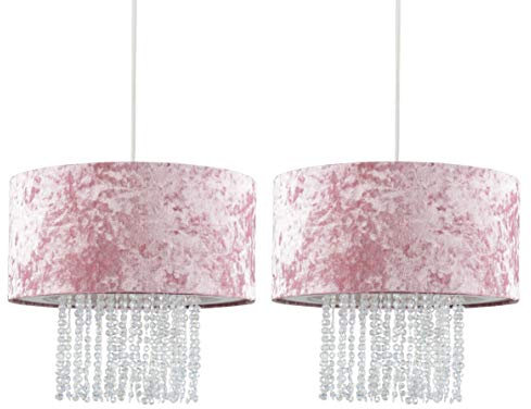 MiniSun | Modern Pink Velvet Ceiling Light Shades with Clear Acrylic Droplets | Pendant Lights, Home Décor & Improvement Essential | Set of 2 | 350mm Shade Width