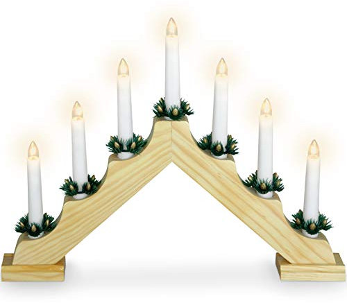 Kerzenbrücke aus Holz - Schwibbogen Lichterbogen mit 7 LED Kerzen - 30 cm Holz (Batteriebetrieben)