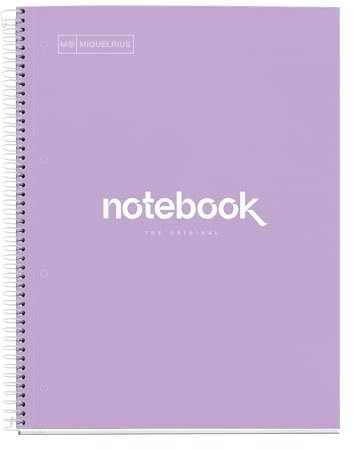 Miquelrius - Notizbuch A4 Notebook Emotions, 120 Blatt 90 g/m², Raster 5 x 5 mm, 5 Farbige Streifen, Mikroperforierte Spirale, Extra fester Einband, 4 Löcher, Farbe Lavendel