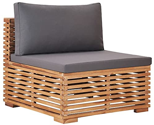 vidaXL Teak Massiv Garten Mittelsofa mit Grauer Auflage Lattendesign Gartensofa Sofa Sessel Gartenmöbel Einzelsofa Lounge Sitzmöbel