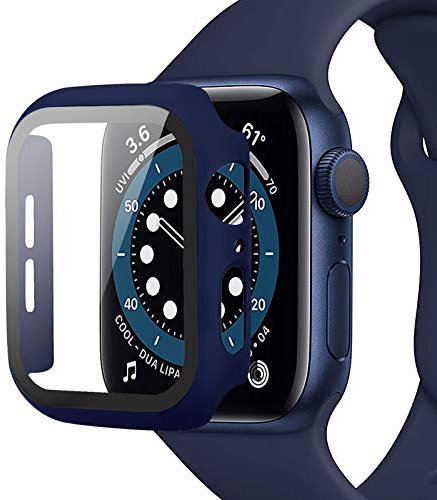 Miimall Kompatibel mit Apple Watch Series 6/SE/5/4 44mm Hülle mit Glas Displayschutz, Ultradünne PC Schutzhülle Vollschutz Kratzfest Displayschutzfolie Schutz Case für iWatch 44mm - Blau