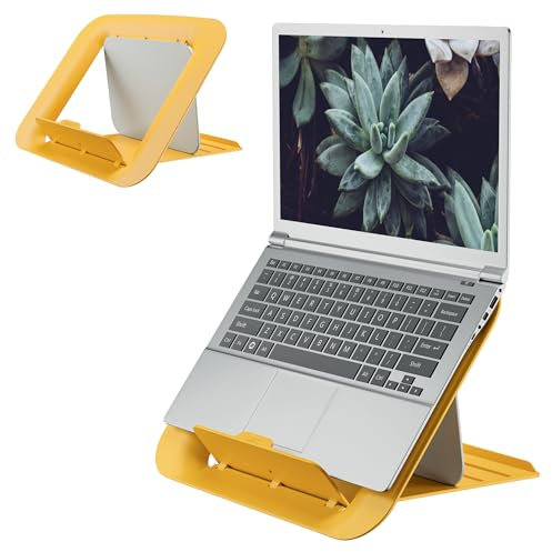 Leitz Höhenverstellbarer Laptopständer, Kompakte Laptop-Erhöhung mit 4 Höhen für 13“-15“ Notebooks, 80% recycelter Kunststoff & 100% recyclebar, IGR-zertifiziert, Ergo Cosy Serie, Gelb, 64260019