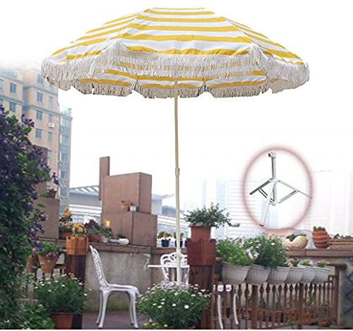 Refue Verstellbar Sonnenschirm 160 cm UV Schutz 50+ für Garten, Deck, Schwimmbad, Sandstrand, Balkon Marktschirm, tragbar knickbarer Schirm gelb weiß Gestreift (Size : Umbrella+Base)