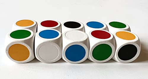Farbenwürfel/Farbpunktewürfel/Farbwürfel aus Holz, extra groß (20 mm). Für kleine Kinder, Senioren und für XL-Spiele. Made in Germany. (10 Würfel, Rot, Gelb, Blau, Grün, Schwarz, Weiß)