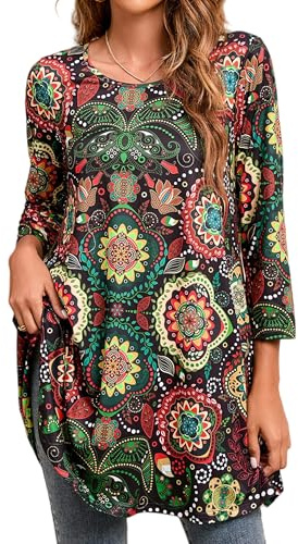 Enmain Women Tunic Tops UK Paisley Longline Tunics for Womens Three Quarter Sleeve Casual Ladies Tops for Leggings Loose Fit Plus Size Swing T-Shirt for Autumn Winter S
