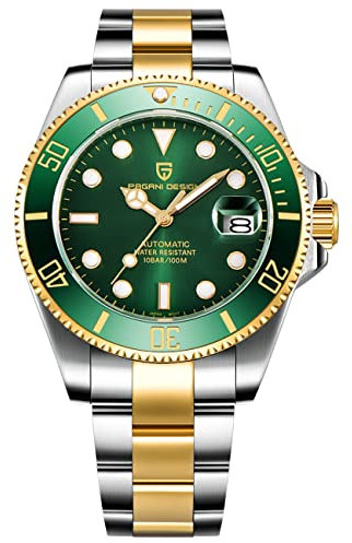 Pagani Design Luxus Herrenuhr - Automatisches mechanisches Japanisches Uhrwerk Wasserdicht 100M Tauchen Herrenuhr Saphirglas Edelstahl Business(Goldgrün)