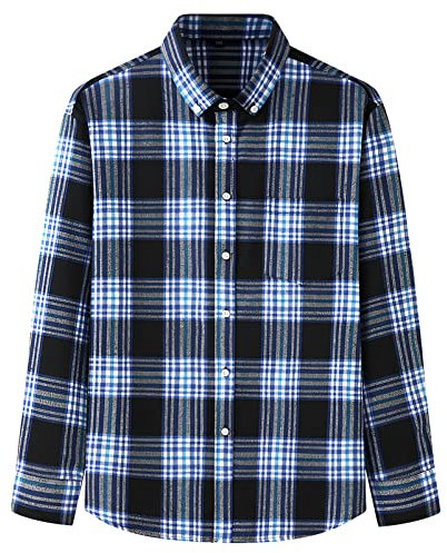Jamron Hommes Grande Taille Chemise en Flanelle à Carreaux Manches Longues Casual Chemise Bûcheron en Mélange de Coton Brossé Bleu 5XL