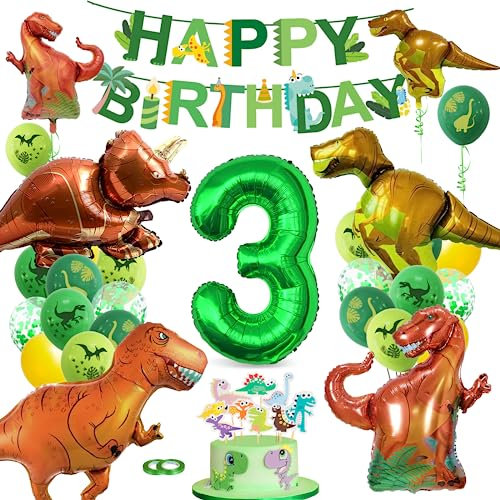XXL Dino Geburtstag Deko 3 Jahre,Bluelves Dinosaurier Geburtstagsdeko Jungen 3 Jahre,Grüner Luftballons Dino,Dschungel Folienballon Zahlenballon 3 für Dinosaurier Party Kindergeburtstag