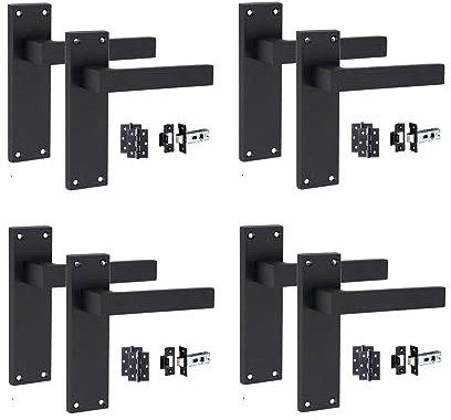 Golden Grace 4 Set of Victorian Straight Delta Handle Latch Door Handles Matt Black with 1 Pair of 3 Ball Bearing Hinges & Latches Pack Sets 150mm x 40mm Backplate